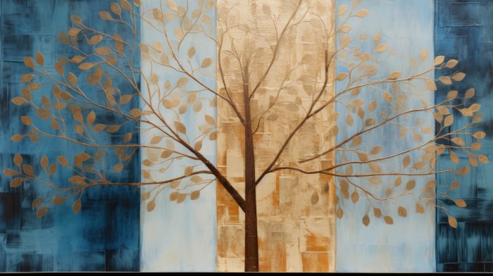 Obraz Złote drzewo na błękitnym i niebieskim tle
