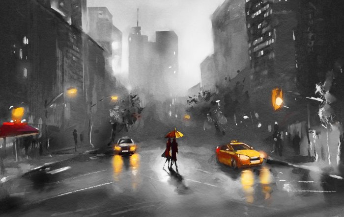 Obraz Para z parasolką na ulicach Nowego Jorku  i żółta taksówka