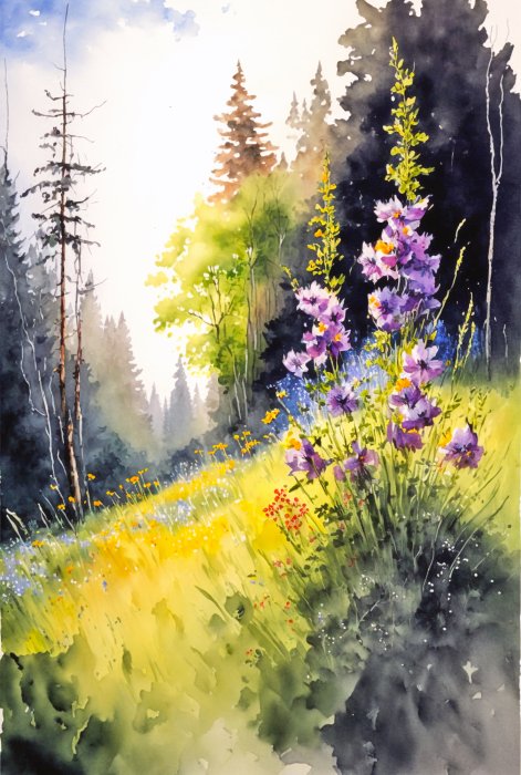 Obraz Krajobraz na wzgórzu z kwiatami i drzewami