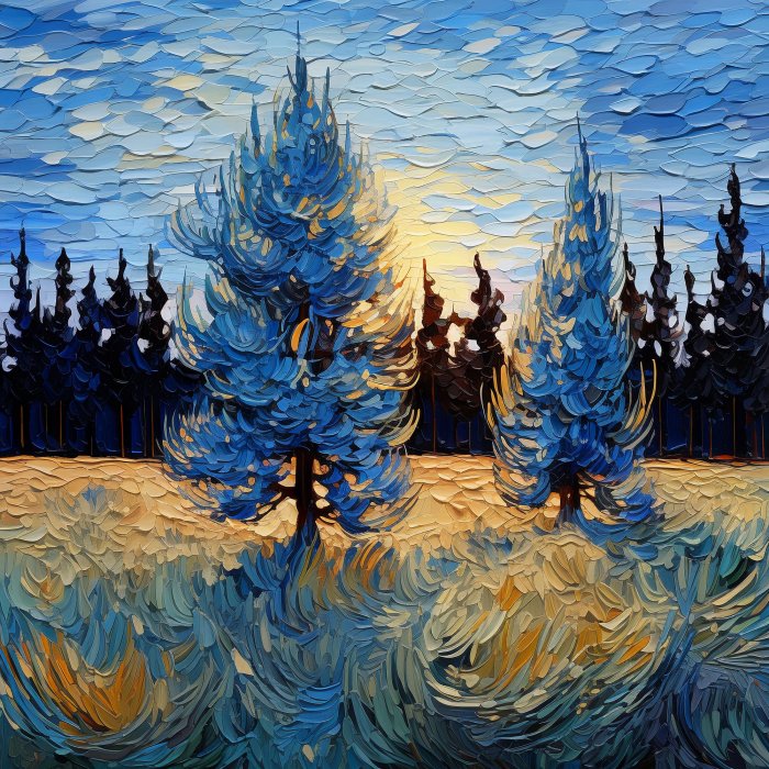 Obraz Drzewa jodły na tle zachodzącego słońca impresjonizm