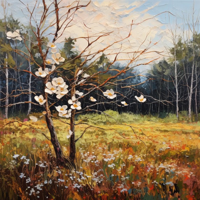 Obraz Białe kwiaty na drzewie dereń i łąka