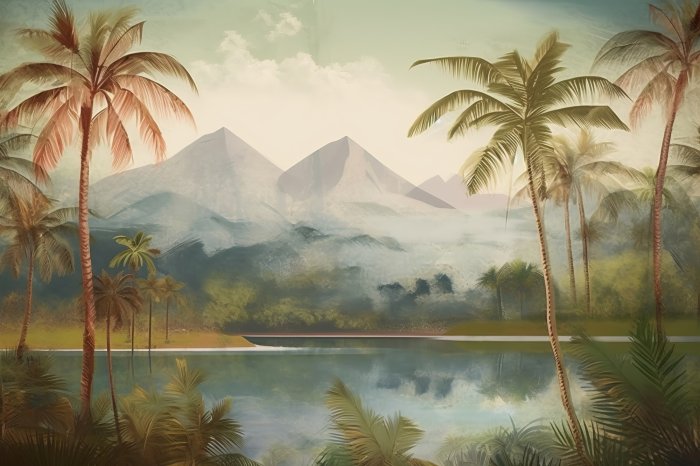 Obraz Tropikalny krajobraz z palmami górami i jeziorem vintage