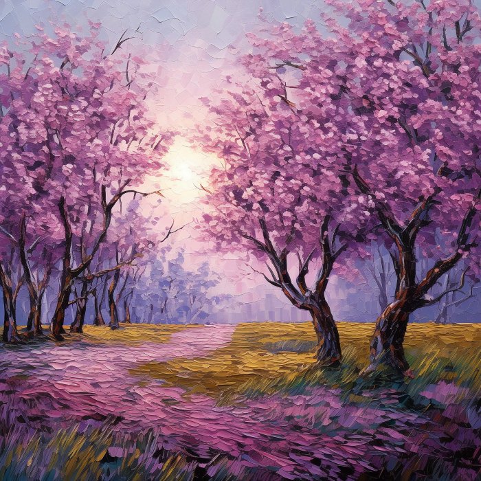 Obraz Piękny wiosenny krajobraz z kwitnącymi fioletowymi drzewami w parku