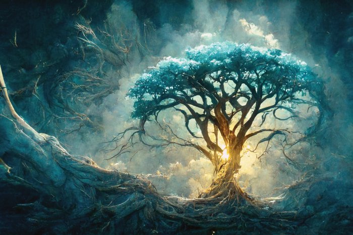 Obraz Drzewo z niebieskimi kwiatami fantazja