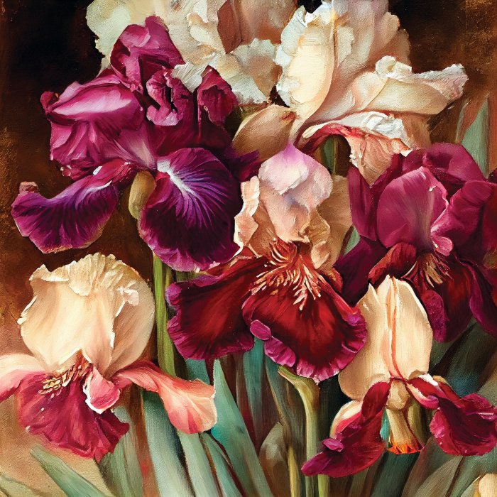 Obraz Piękny bukiet kwiatów irysów w szkarłatnych i kremowych kolorach
