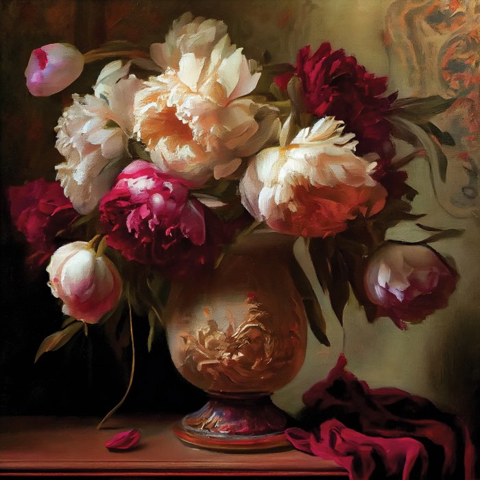Obraz Bukiet kwiatów piwonii w wazonie w stylu barokowym martwa natura
