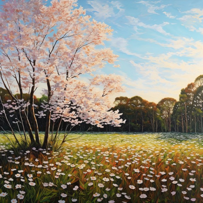 Obraz Wiosenny krajobraz z kwitnącym drzewem na łące