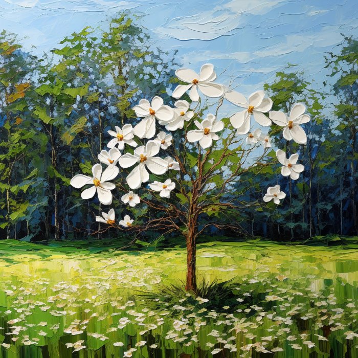 Obraz Dereń z białymi kwiatami na łące