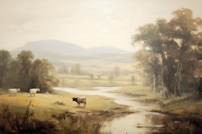 Obraz Krowy na pastwisku przy rzece