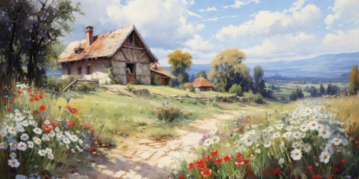 Obraz Wiejski krajobraz z kwitnącym polem i chatą