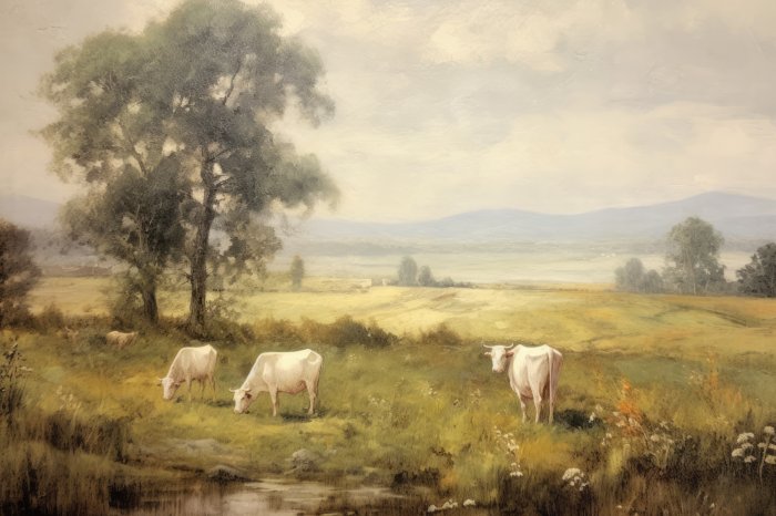 Obraz Białe krowy na łące na wsi