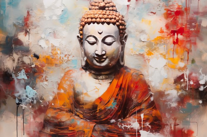 Obraz Budda w żywych pomarańczowych i czerwonych kolorach