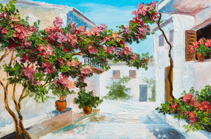 Obraz Greckie domki przy morzu z kwitnącymi drzewami