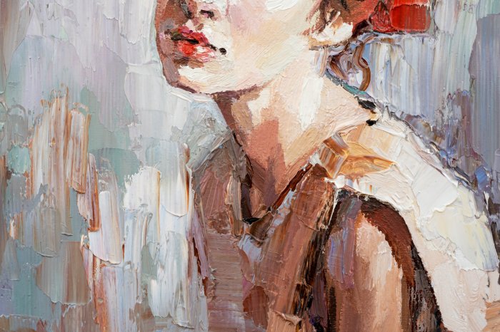 Obraz Fragment portretu młodej pięknej dziewczyny z czerwonymi ustami