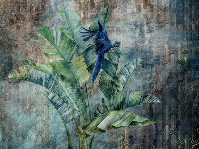 Obraz Papuga na liściach bananowca