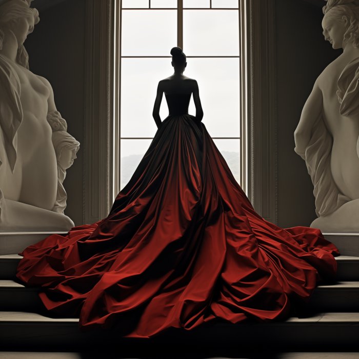 Obraz Piękna kobieta ubrana w długą czerwoną sukienkę stojąca na schodach między filarami