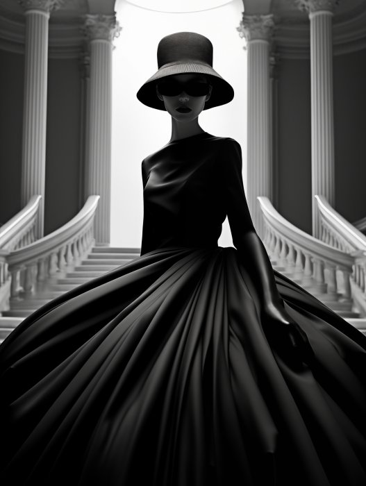 Obraz Kobieta w czerni na schodach