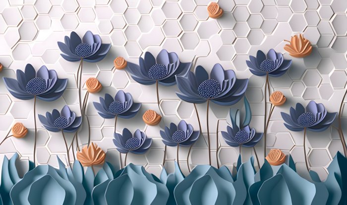 Obraz Fioletowe kwiaty 3D na ścianie w sześciokąty