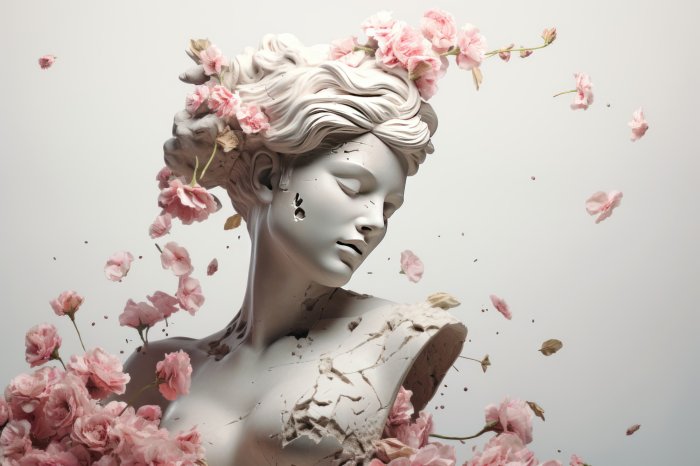 Obraz Posąg starożytnej kobiety z bukietem różowych kwiatów