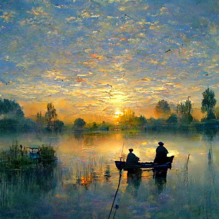 Obraz Dwaj rybacy w łodzi na jeziorze