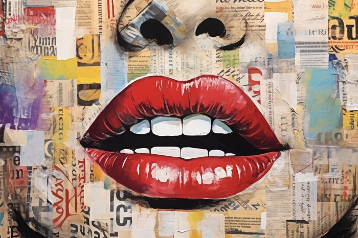 Obraz Abstrakcyjny portret kobiety pokryty wycinkami z gazet zmysłowe czerwone usta