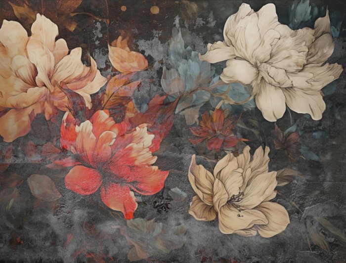 Obraz Kolorowe kwiaty i liście na betonie