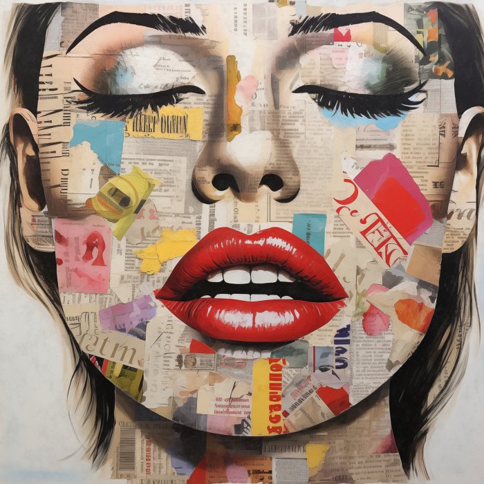 Obraz Abstrakcyjny portret kobiety wykonany z wycinków z gazet czerwone usta