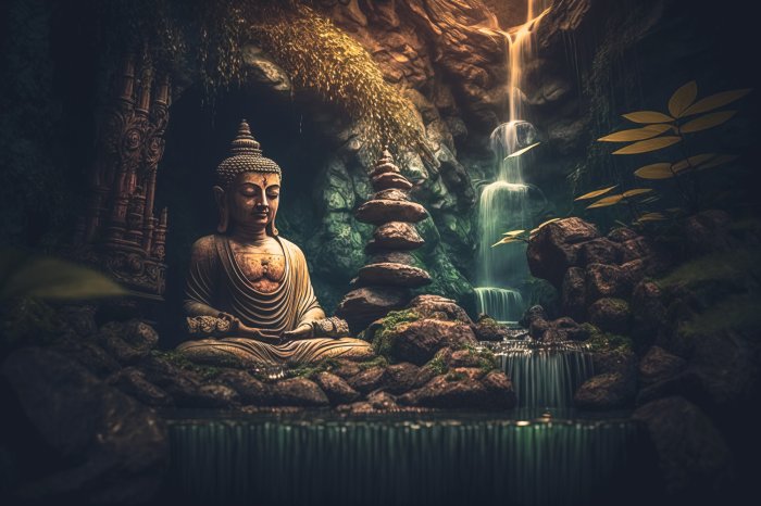 Obraz Ogród Zen z posągiem Buddy i kwiatem lotosu