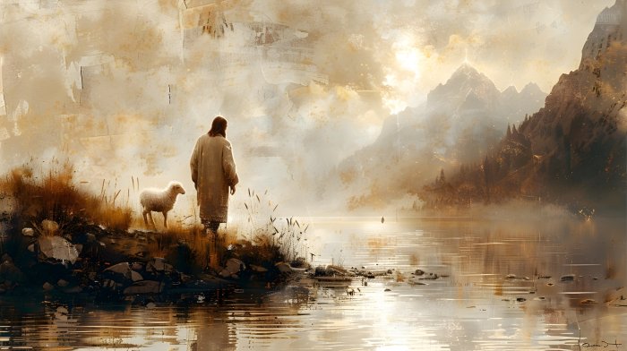 Obraz Jezus i owca przy jeziorze