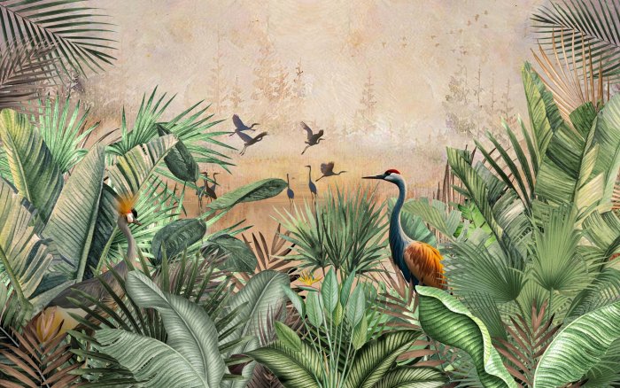Obraz Tropikalne liście z ptakami