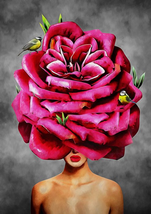 Obraz Kobieta z różowym kwiatem na głowie