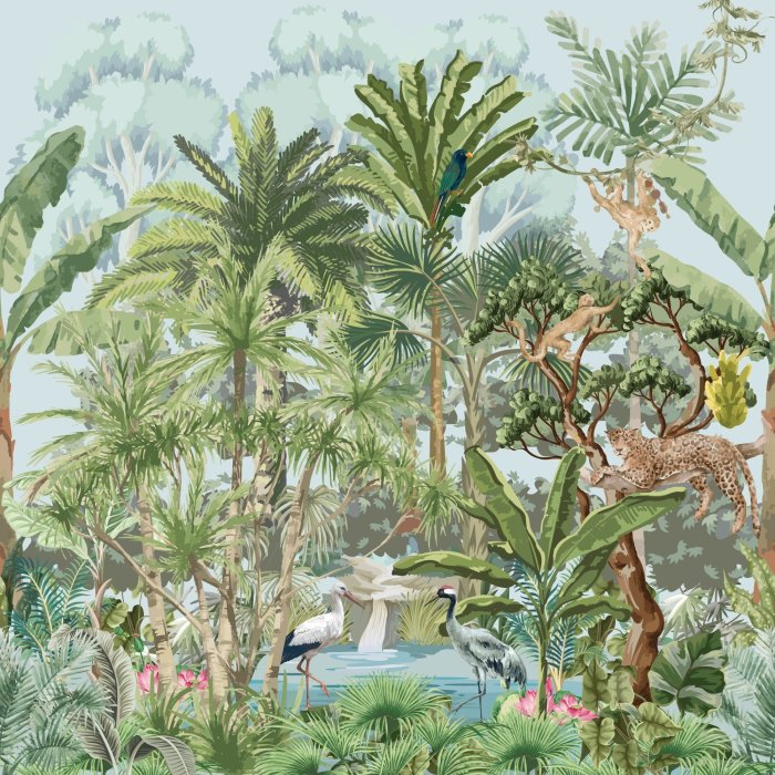 Obraz Las tropikalny z bocianem ptakiem małpą gepardem drzewem i roślinami