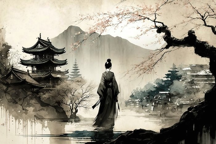 Obraz Kobieta w kimono i architektura Japonii