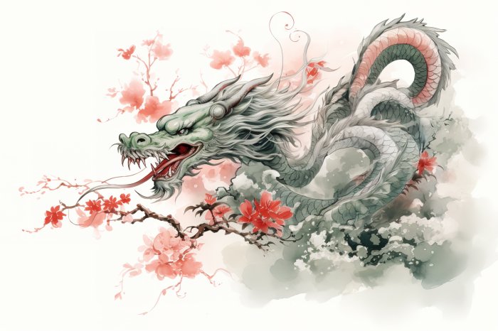 Obraz Wizerunek smoka z różowymi kwiatami wiśni w starożytnym chińskim stylu