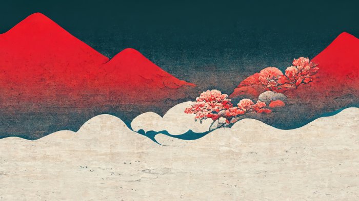 Obraz Czerwone góry błękitne niebo i białe chmury w stylu Katsushika Hokusai