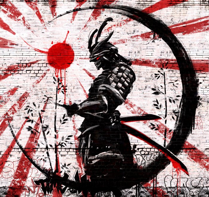 Obraz Japoński wojownik samuraj na ścianie z cegieł