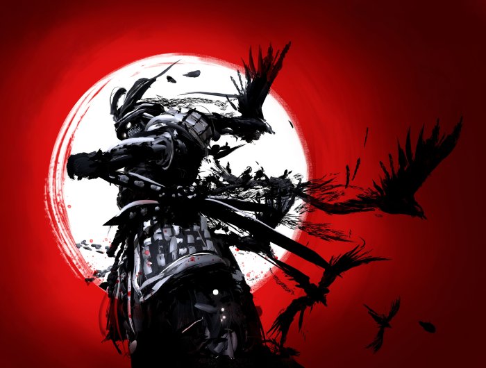 Obraz Samuraj walczący na tle krwawego zachodu słońca