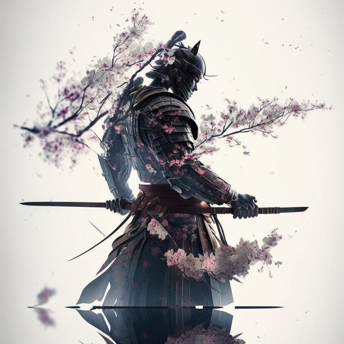 Obraz Japoński wojownik samuraj i  kwiaty wiśni
