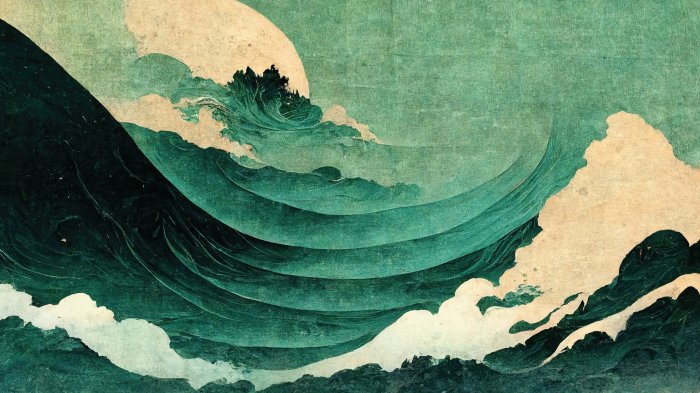 Obraz Szmaragdowe fale w stylu Hokusai