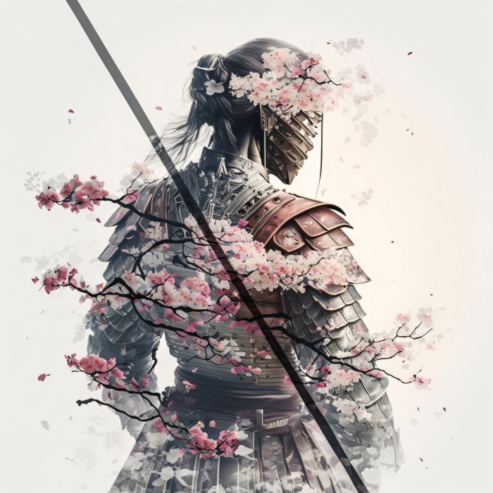 Obraz Samuraj z kwitnącymi kwiatami wiśni