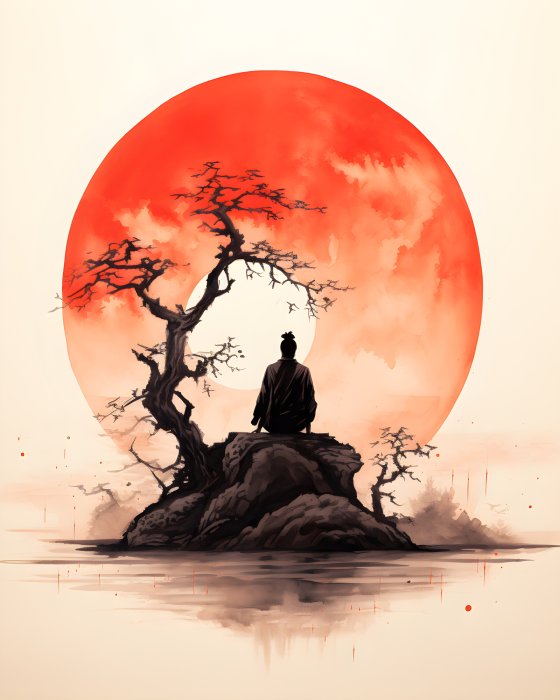 Obraz Zachód słońca bonsai i samuraj