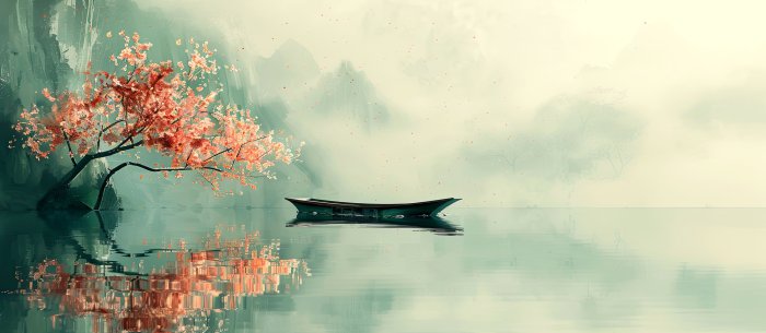 Obraz Samotne drzewo i łódź na jeziorze