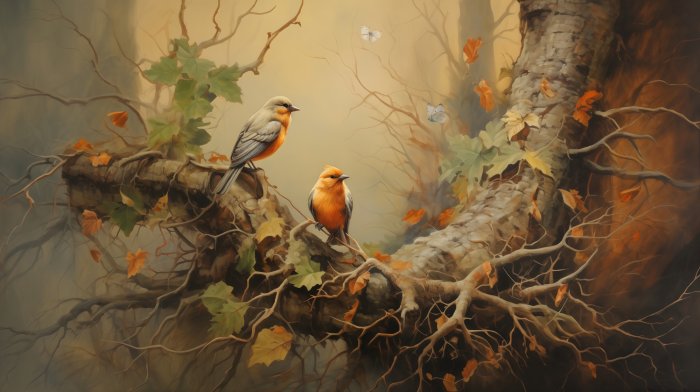 Obraz Dwa małe ptaki na gałęzi jesienią