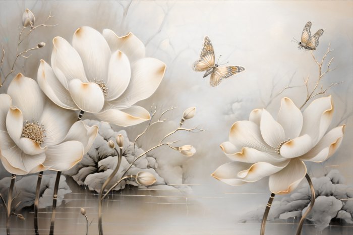 Obraz Białe i złote róże z motylami
