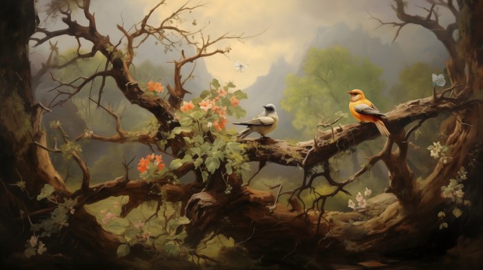 Obraz Małe ptaki wczesną wiosną na drzewie