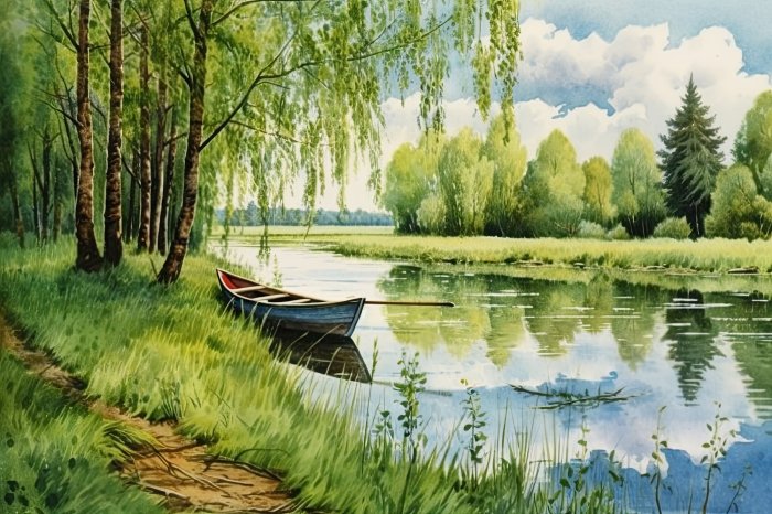Obraz Rzeka przy lesie z łodzią