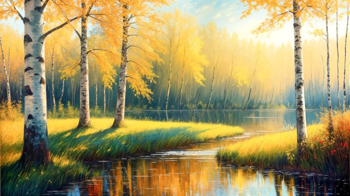 Obraz Wczesna jesień w brzozowym lesie z rzeką