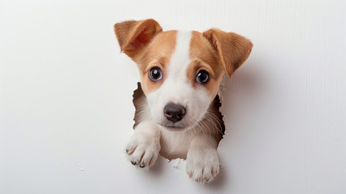 Obraz Szczeniak patrzący przez dziurę w ścianie