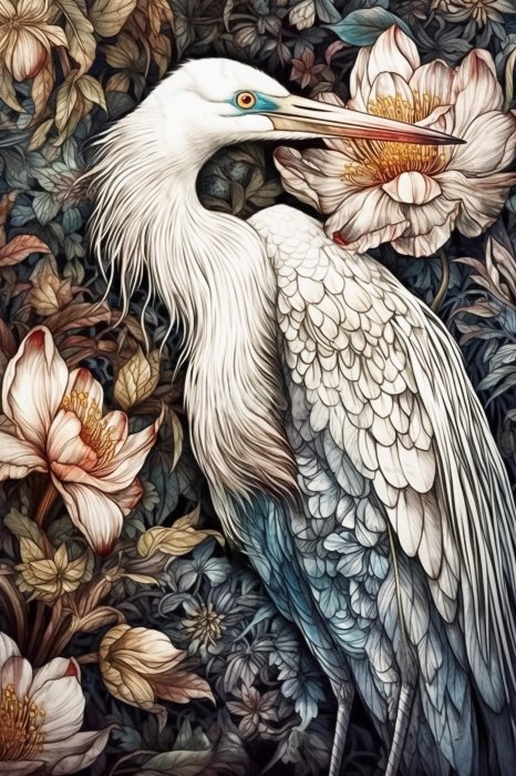 Obraz Biała czapla i kwitnące kwiaty