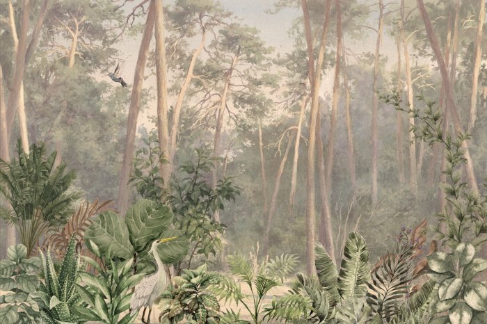 Obraz Mural z tropikalnym lasem i ptakami